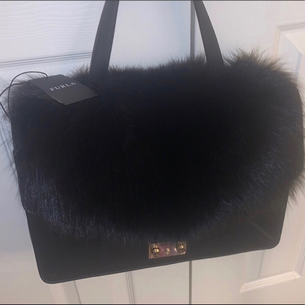 New Furla Black Faux Fur Bag. New $898